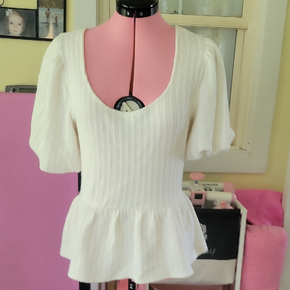 Line & Dot Cream Ribbed Peplum Sweater Top